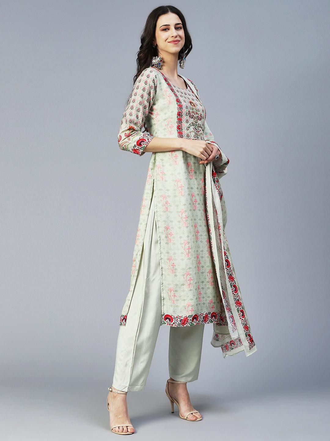 Floral Printed Embroidered Kurta With Pants & Floral Dupatta - Green - Indiakreations