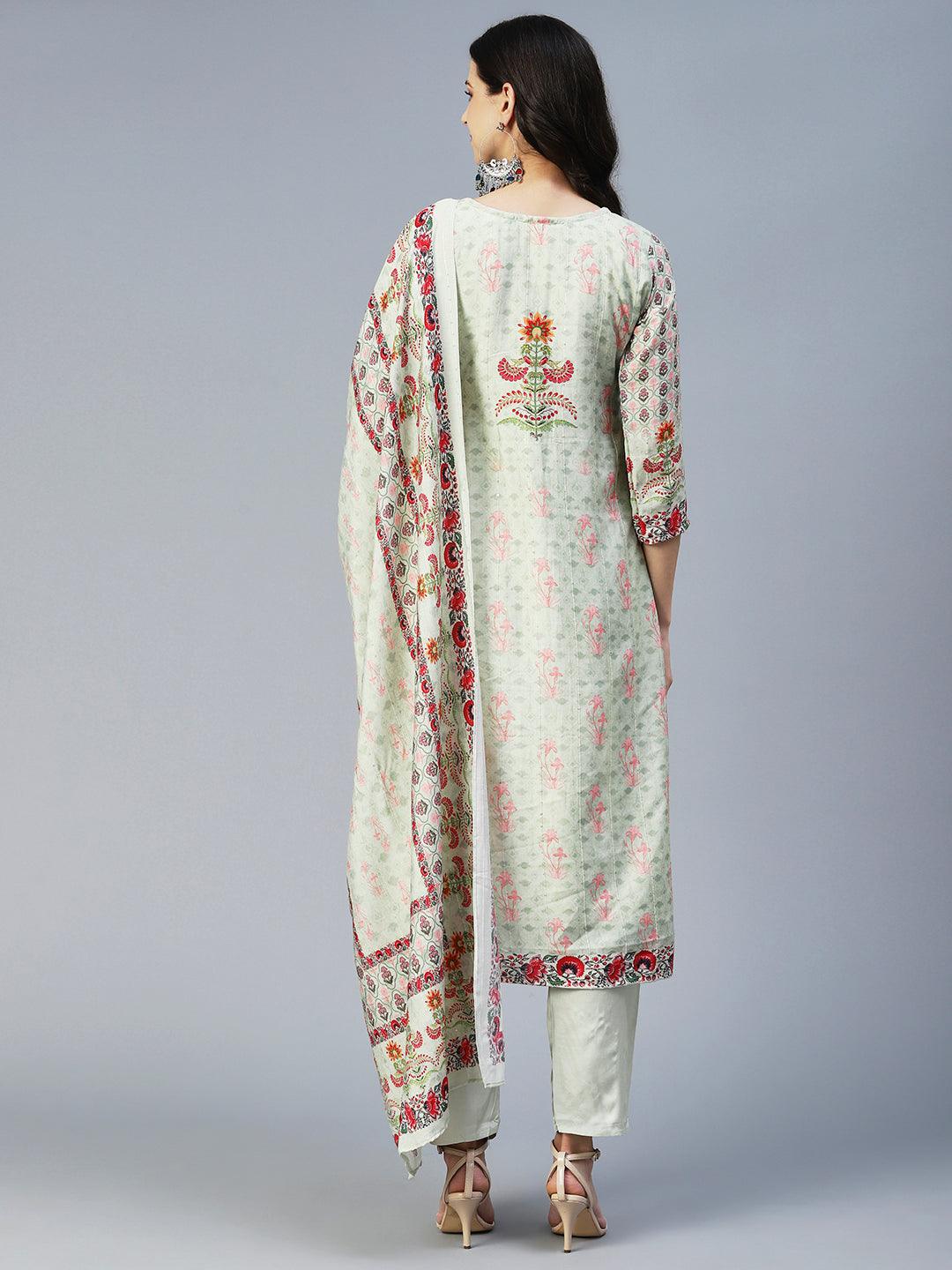 Floral Printed Embroidered Kurta With Pants & Floral Dupatta - Green - Indiakreations