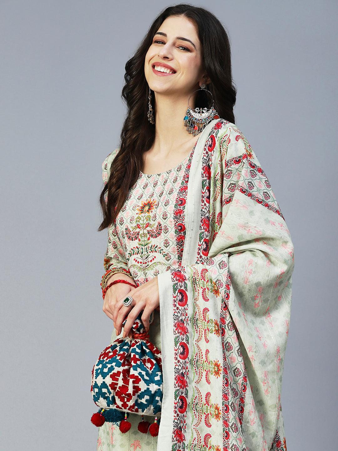 Floral Printed Embroidered Kurta With Pants & Floral Dupatta - Green - Indiakreations