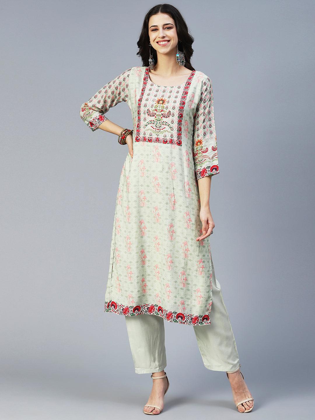 Floral Printed Embroidered Kurta With Pants & Floral Dupatta - Green - Indiakreations