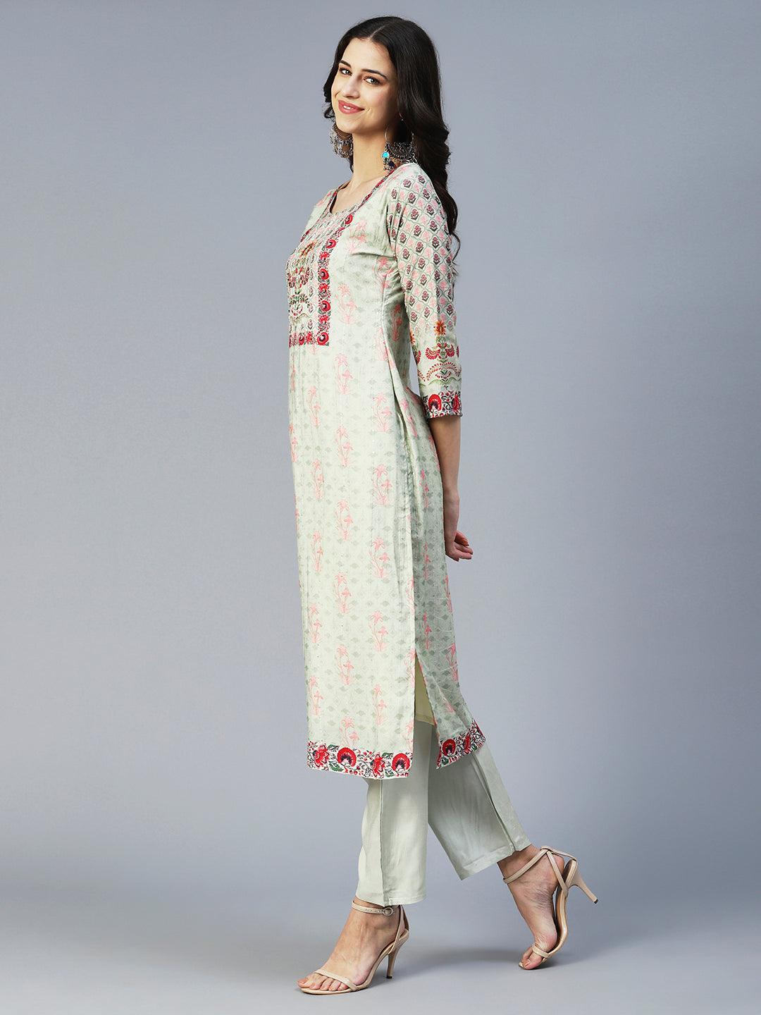 Floral Printed Embroidered Kurta With Pants & Floral Dupatta - Green - Indiakreations