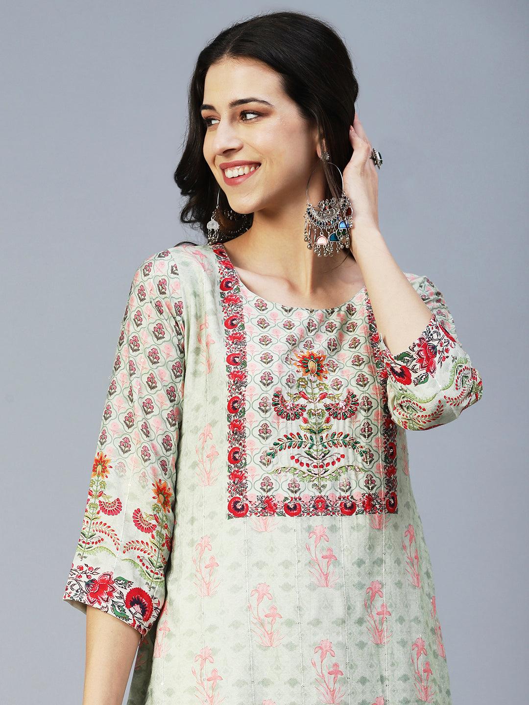 Floral Printed Embroidered Kurta With Pants & Floral Dupatta - Green - Indiakreations