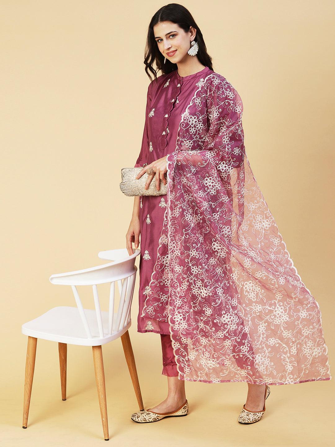 Solid Zari & Resham Embroidered Kurta With Pants & Dupatta - Burgundy - Indiakreations