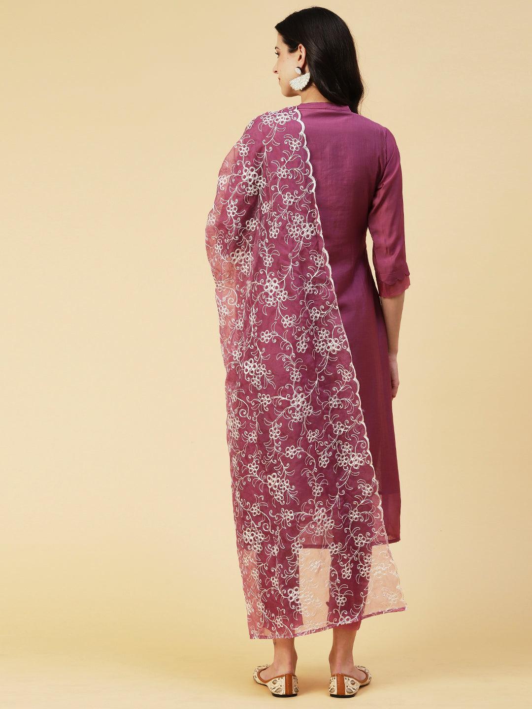 Solid Zari & Resham Embroidered Kurta With Pants & Dupatta - Burgundy - Indiakreations