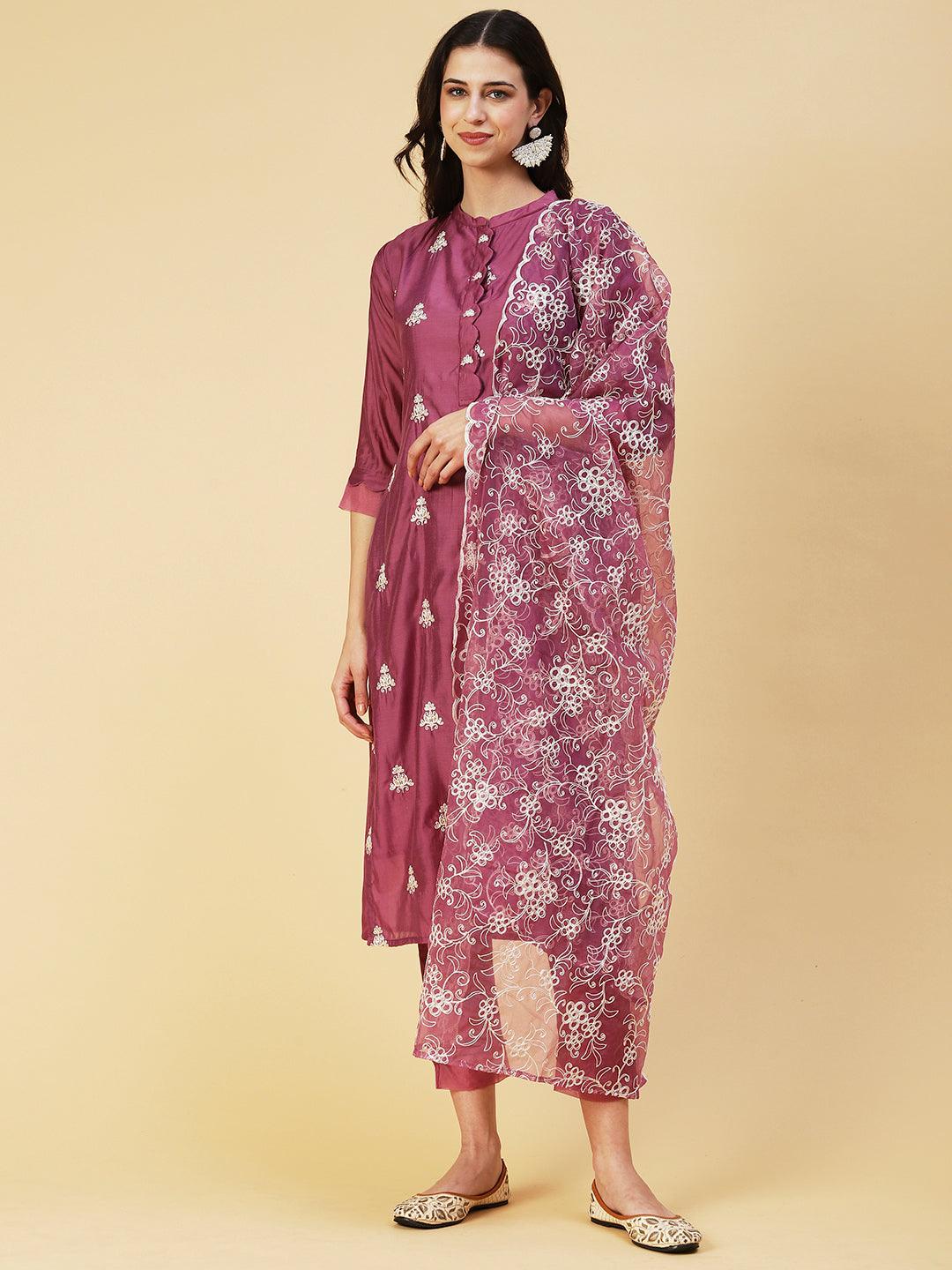 Solid Zari & Resham Embroidered Kurta With Pants & Dupatta - Burgundy - Indiakreations