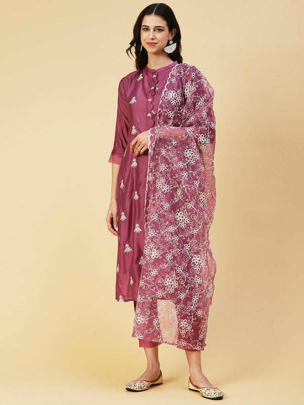 Solid Zari & Resham Embroidered Kurta With Pants & Dupatta - Burgundy - Indiakreations