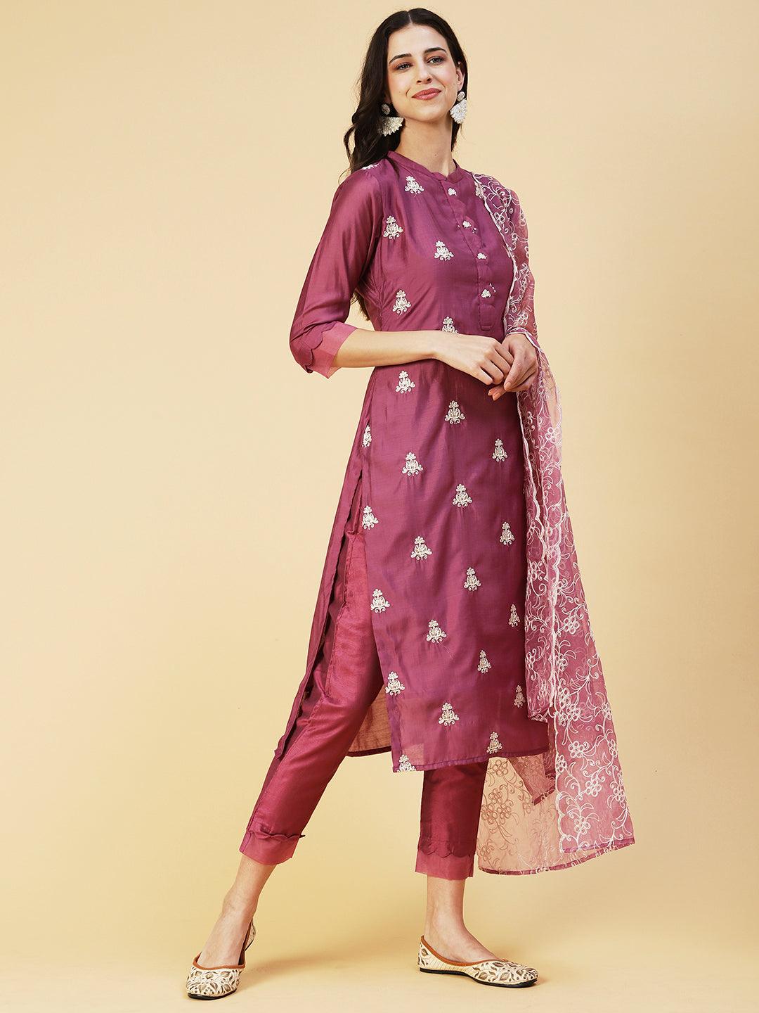 Solid Zari & Resham Embroidered Kurta With Pants & Dupatta - Burgundy - Indiakreations