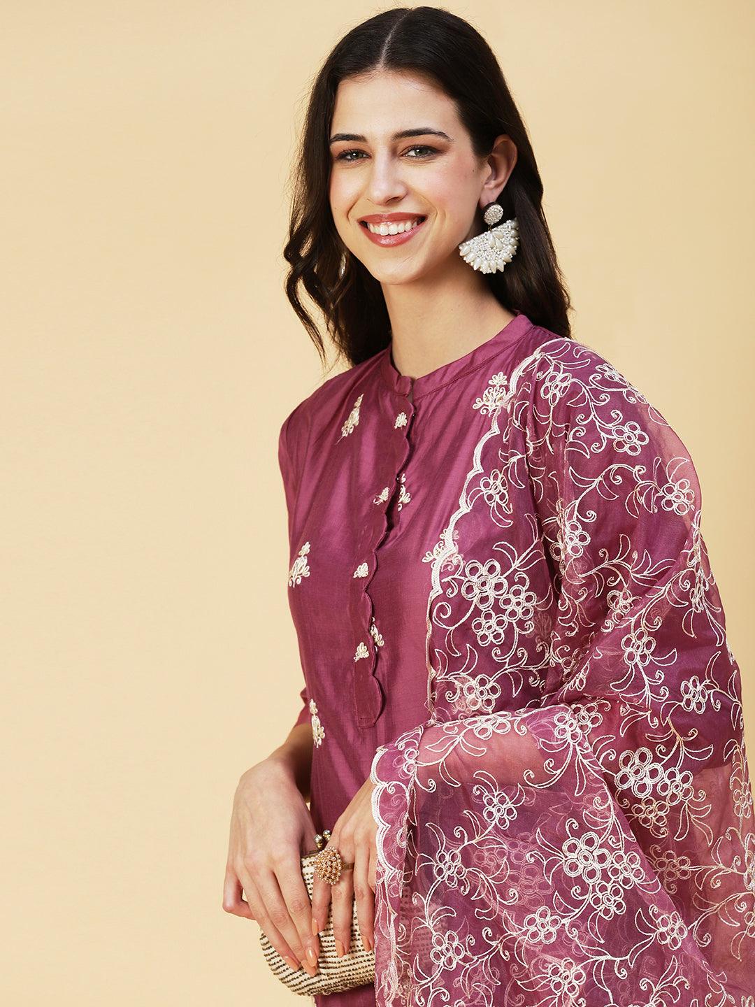 Solid Zari & Resham Embroidered Kurta With Pants & Dupatta - Burgundy - Indiakreations