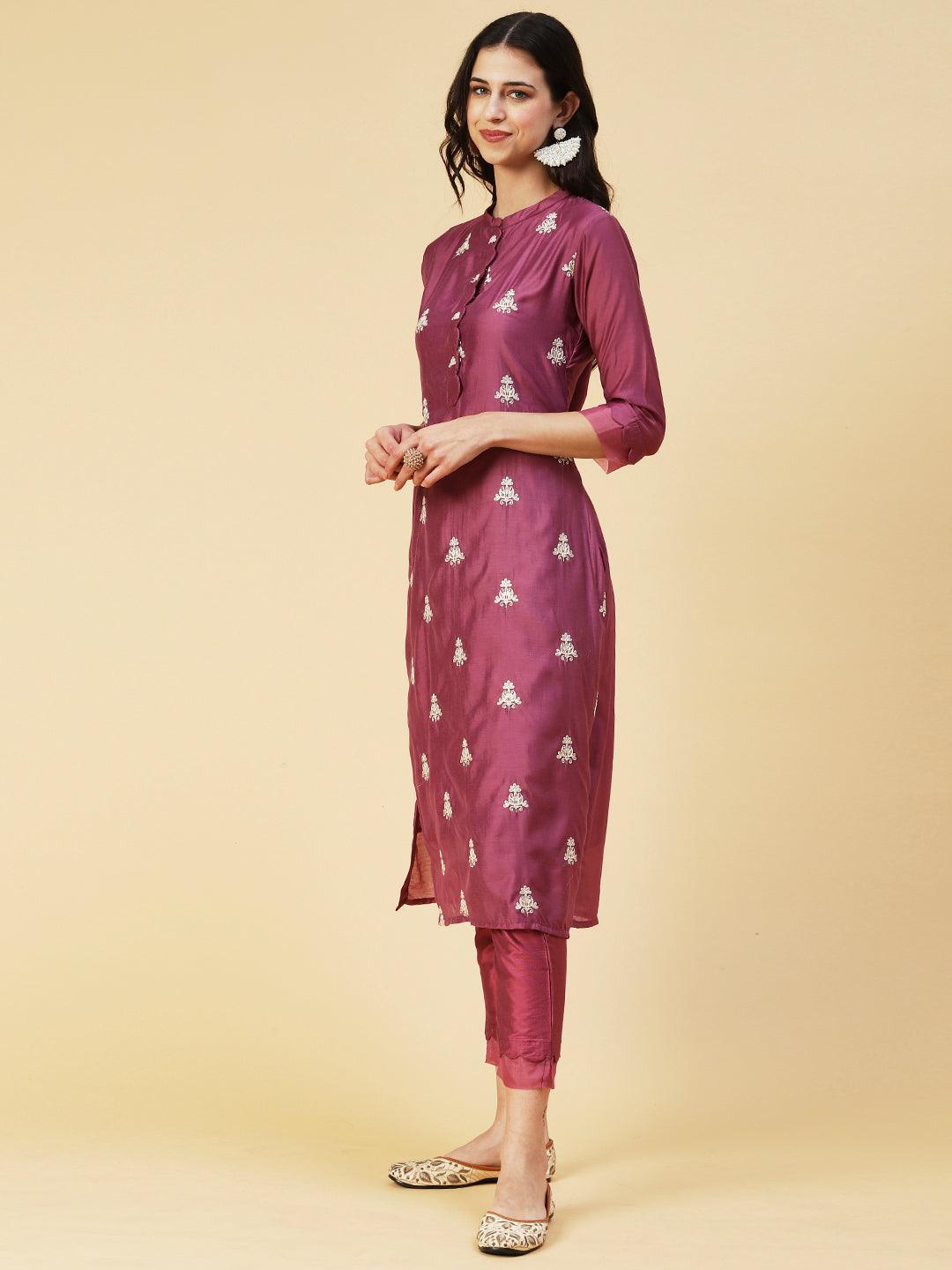 Solid Zari & Resham Embroidered Kurta With Pants & Dupatta - Burgundy - Indiakreations