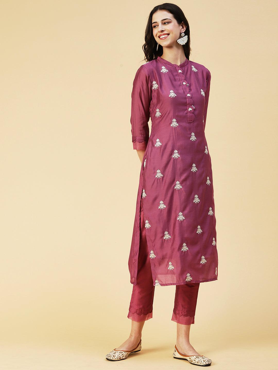 Solid Zari & Resham Embroidered Kurta With Pants & Dupatta - Burgundy - Indiakreations