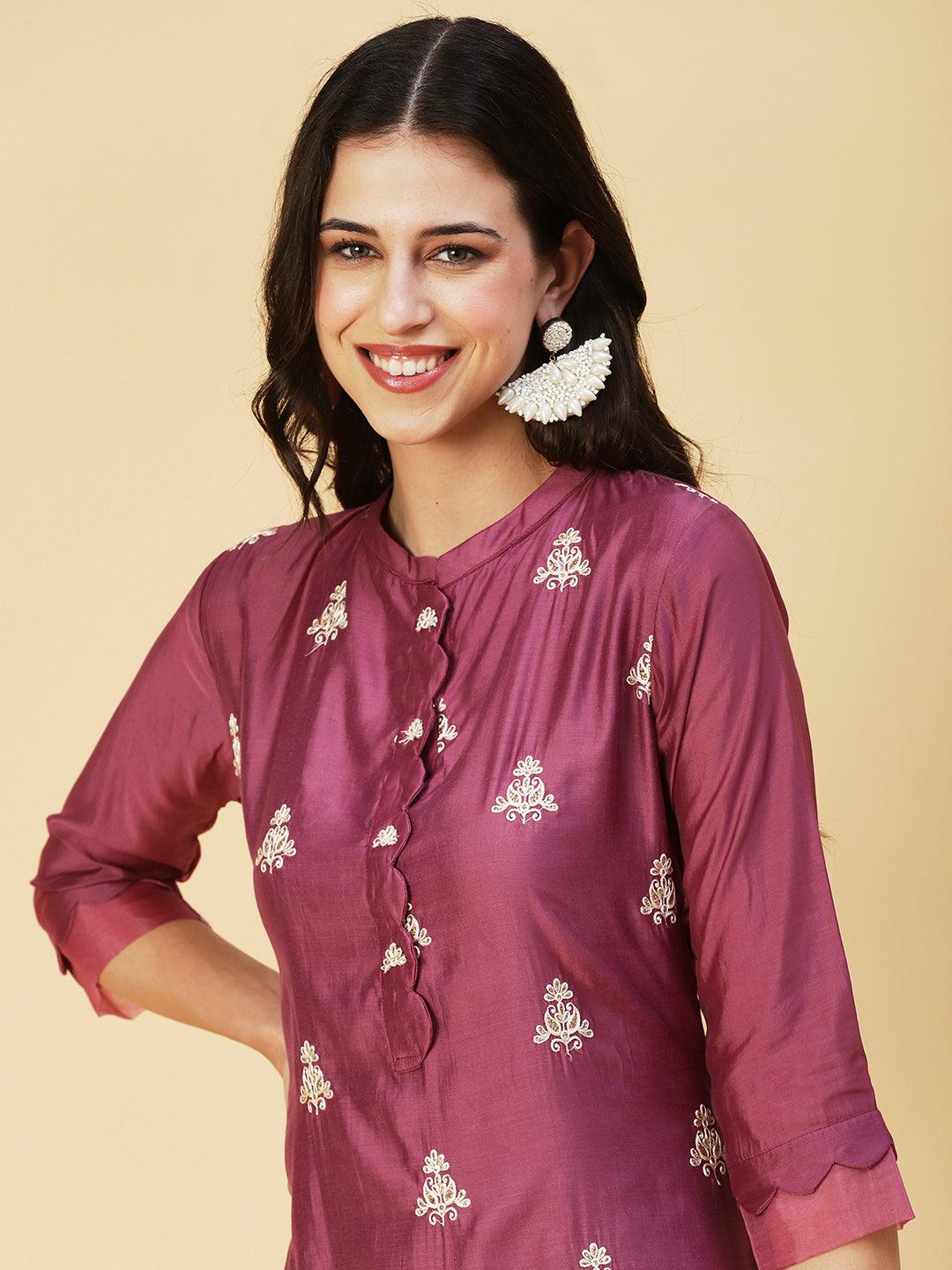 Solid Zari & Resham Embroidered Kurta With Pants & Dupatta - Burgundy - Indiakreations