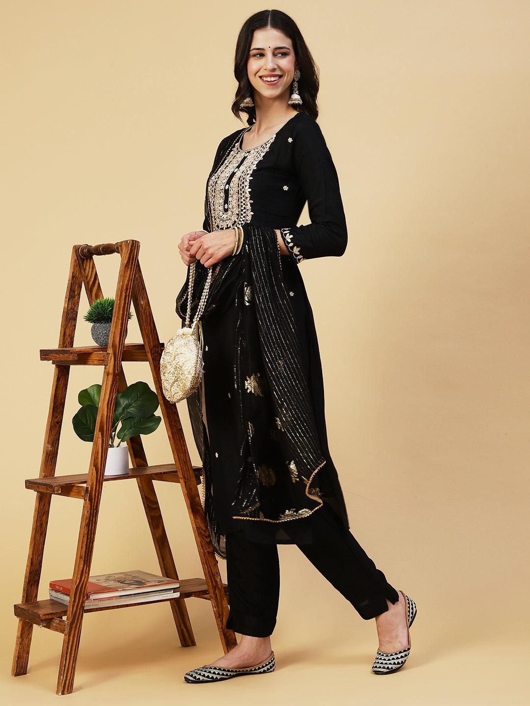 Solid Hand Embroidered Straight Kurta with Pant & Dupatta - Black - Indiakreations