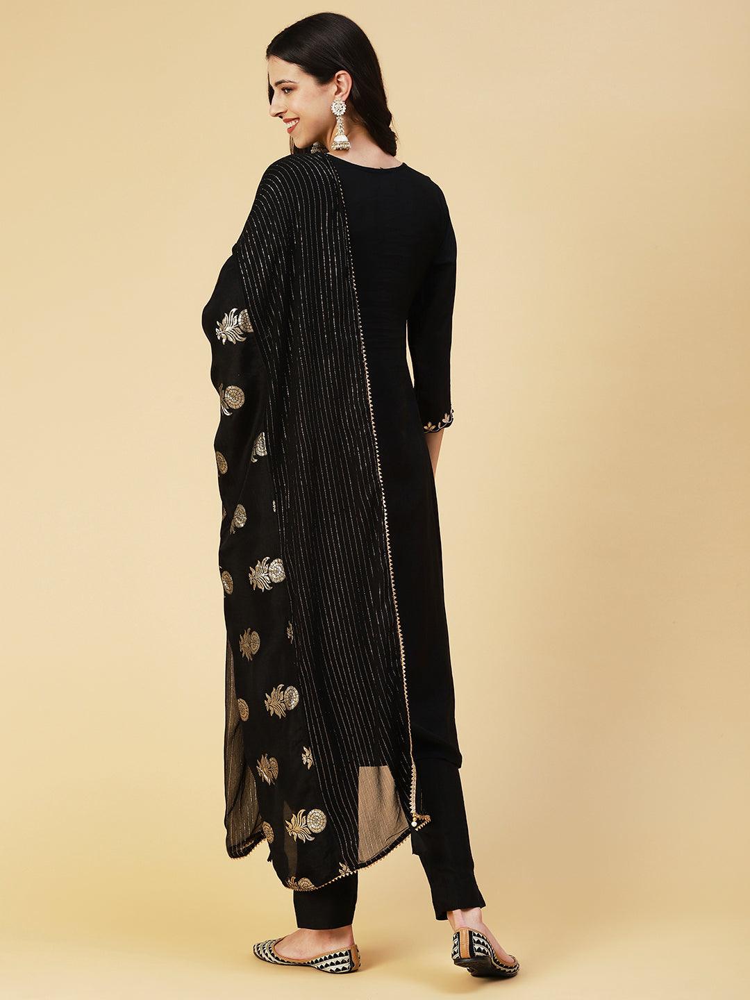 Solid Hand Embroidered Straight Kurta with Pant & Dupatta - Black - Indiakreations