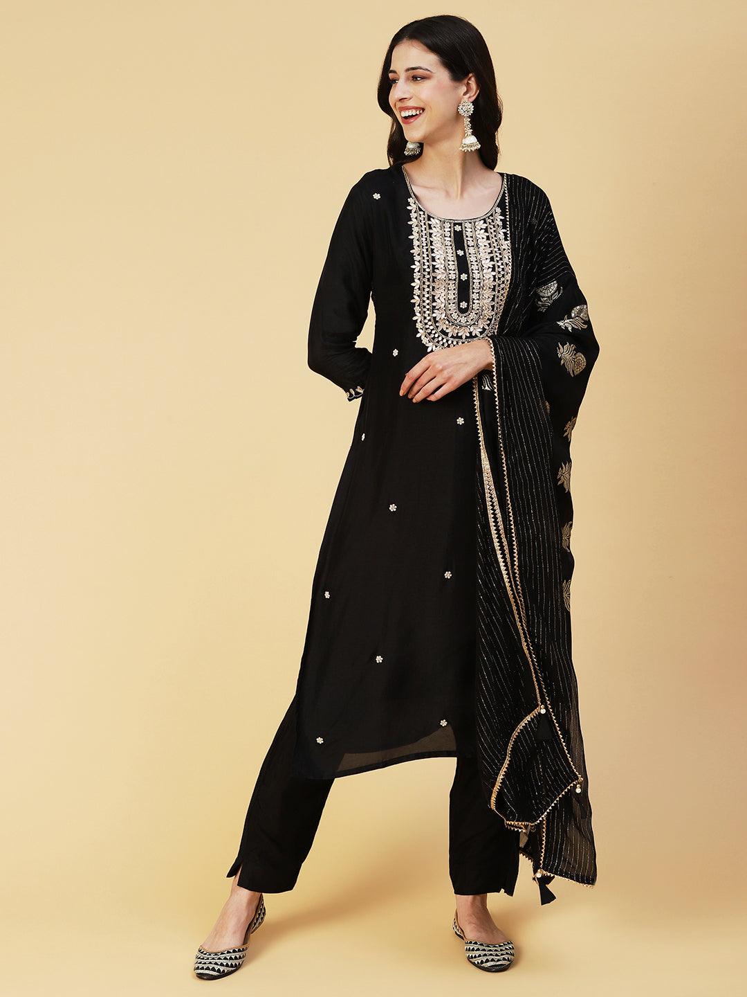 Solid Hand Embroidered Straight Kurta with Pant & Dupatta - Black - Indiakreations