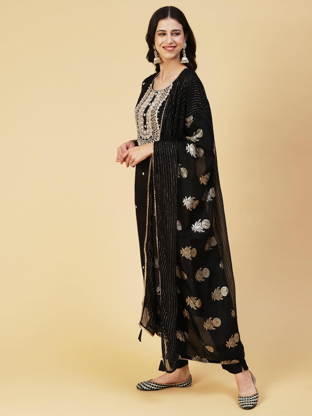 Solid Hand Embroidered Straight Kurta with Pant & Dupatta - Black - Indiakreations