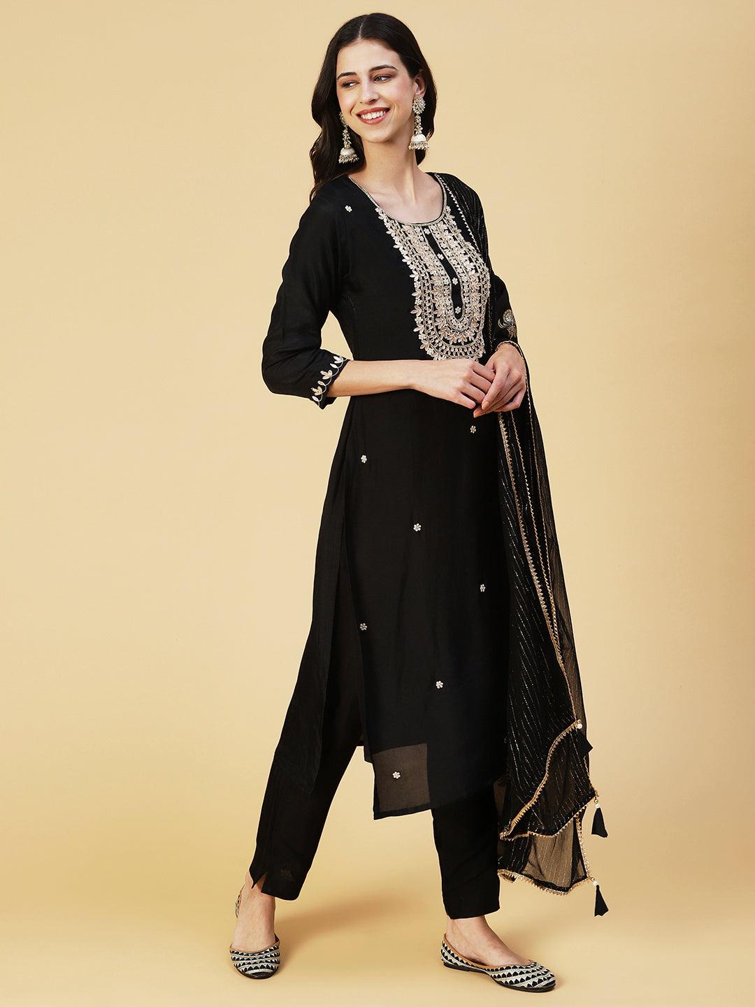 Solid Hand Embroidered Straight Kurta with Pant & Dupatta - Black - Indiakreations