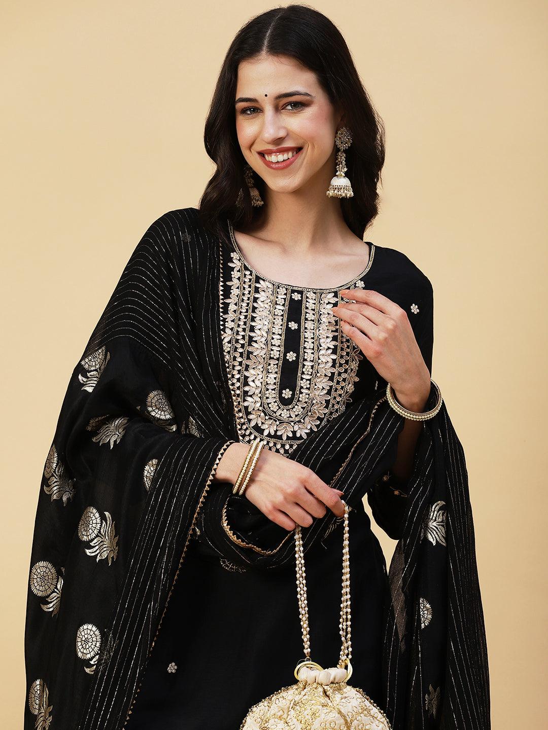 Solid Hand Embroidered Straight Kurta with Pant & Dupatta - Black - Indiakreations