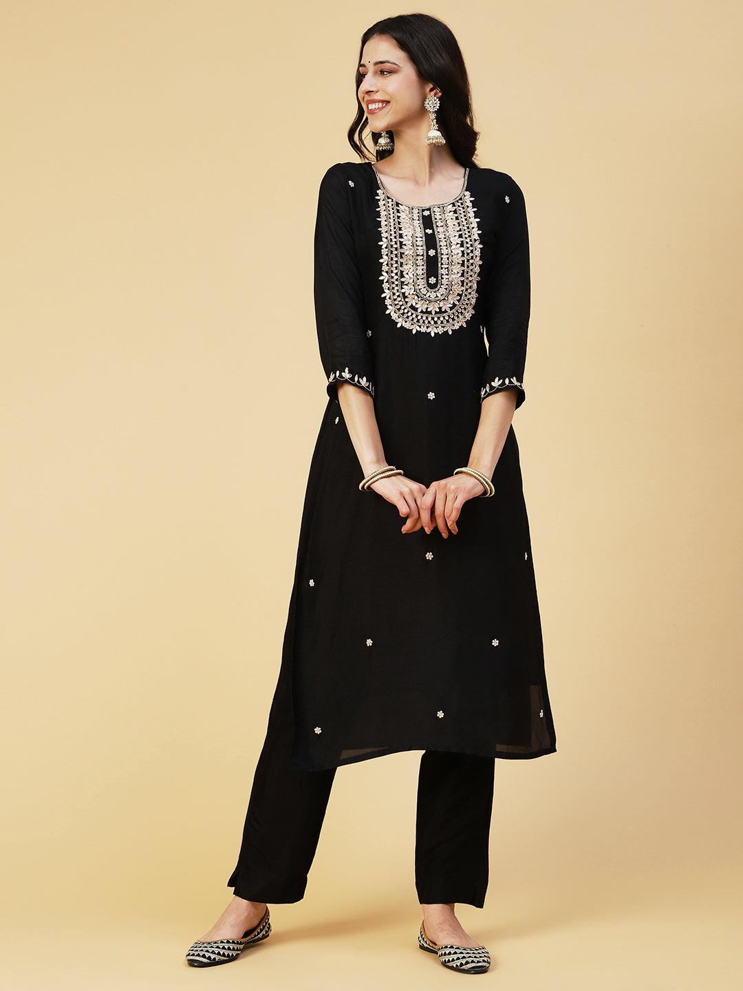 Solid Hand Embroidered Straight Kurta with Pant & Dupatta - Black - Indiakreations