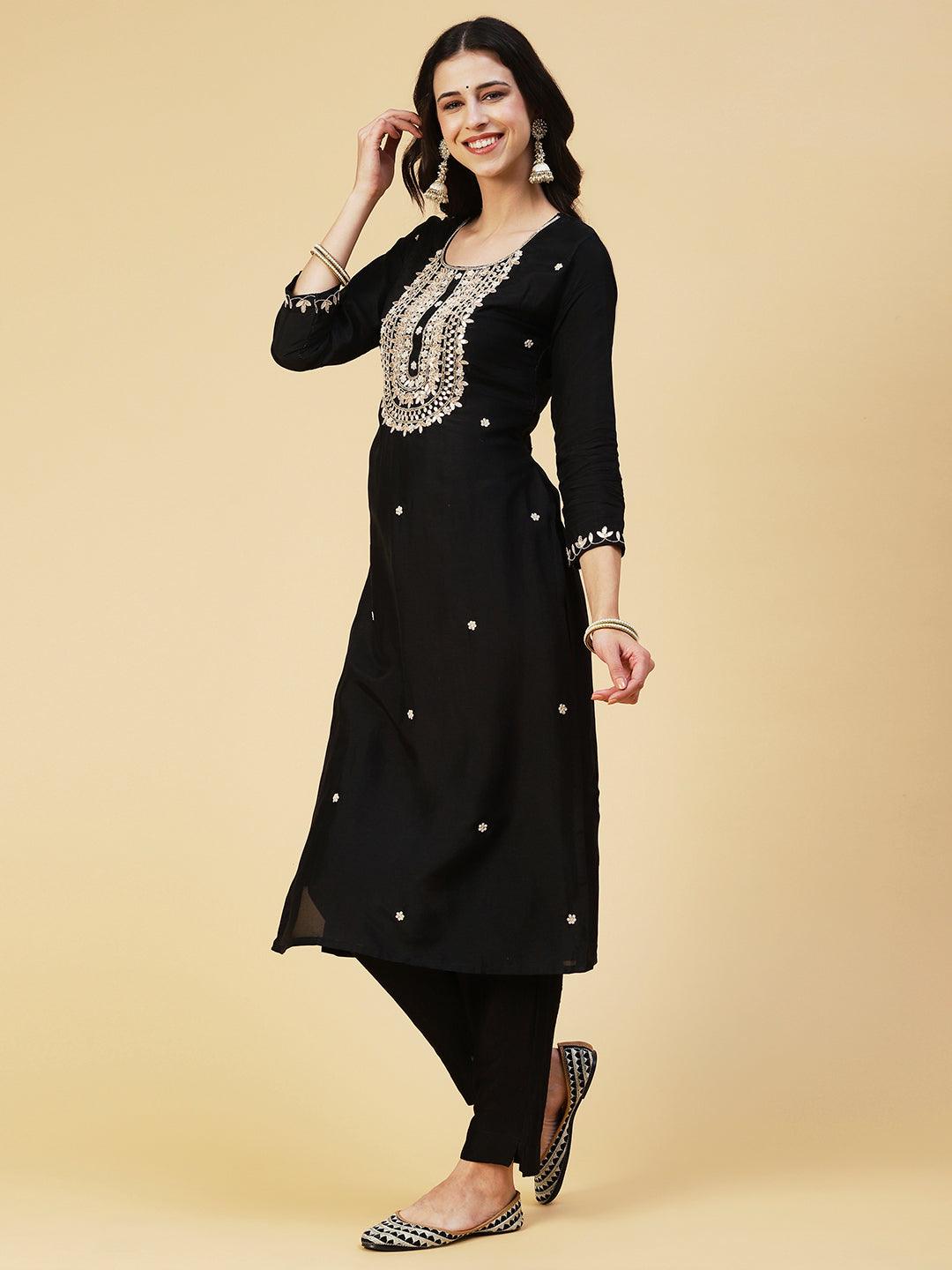 Solid Hand Embroidered Straight Kurta with Pant & Dupatta - Black - Indiakreations