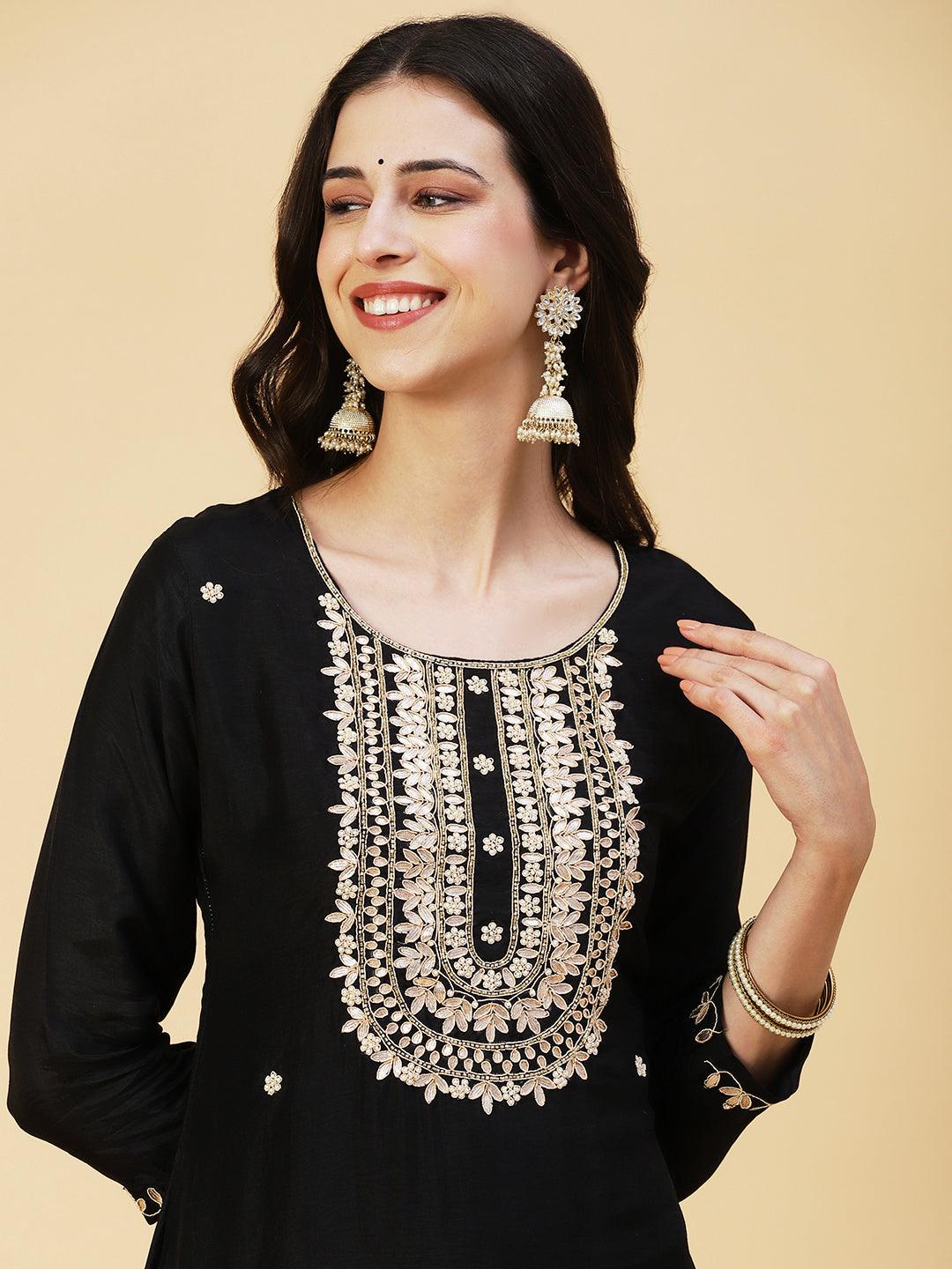 Solid Hand Embroidered Straight Kurta with Pant & Dupatta - Black - Indiakreations