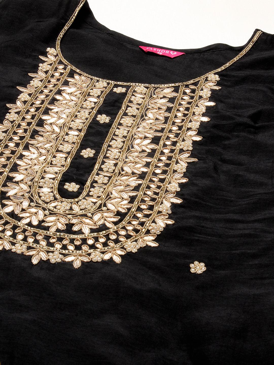 Solid Hand Embroidered Straight Kurta with Pant & Dupatta - Black - Indiakreations