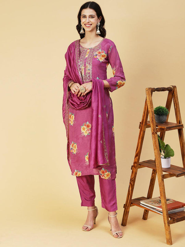 Floral Printed Zari Embroidered Kurta With Pants & Dupatta - Violet - Indiakreations