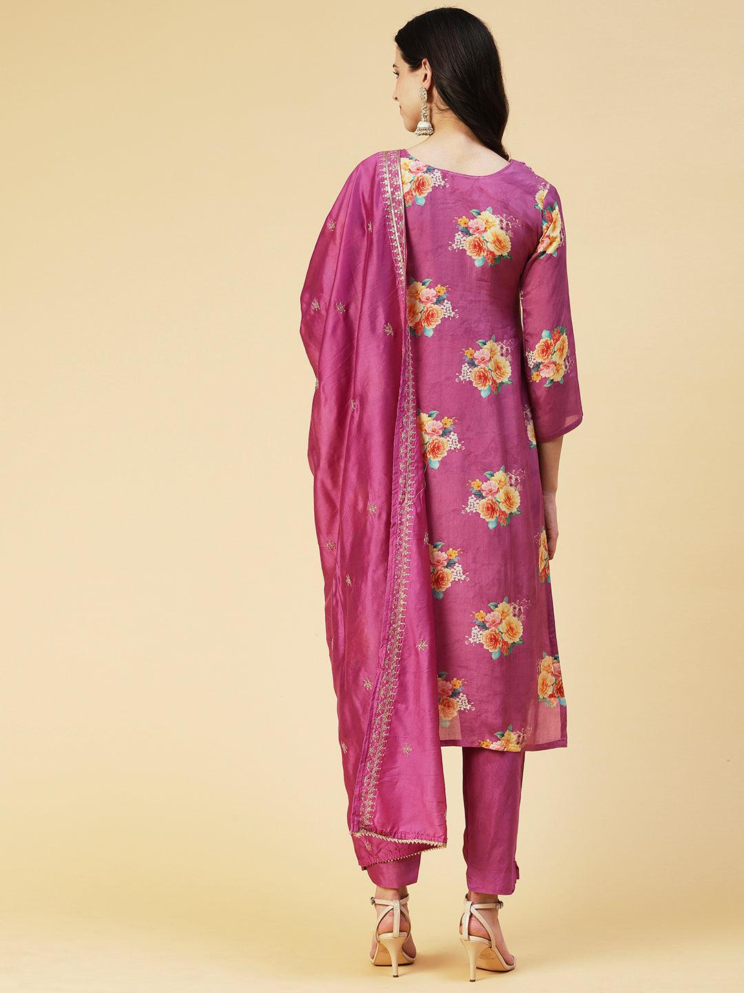 Floral Printed Zari Embroidered Kurta With Pants & Dupatta - Violet - Indiakreations