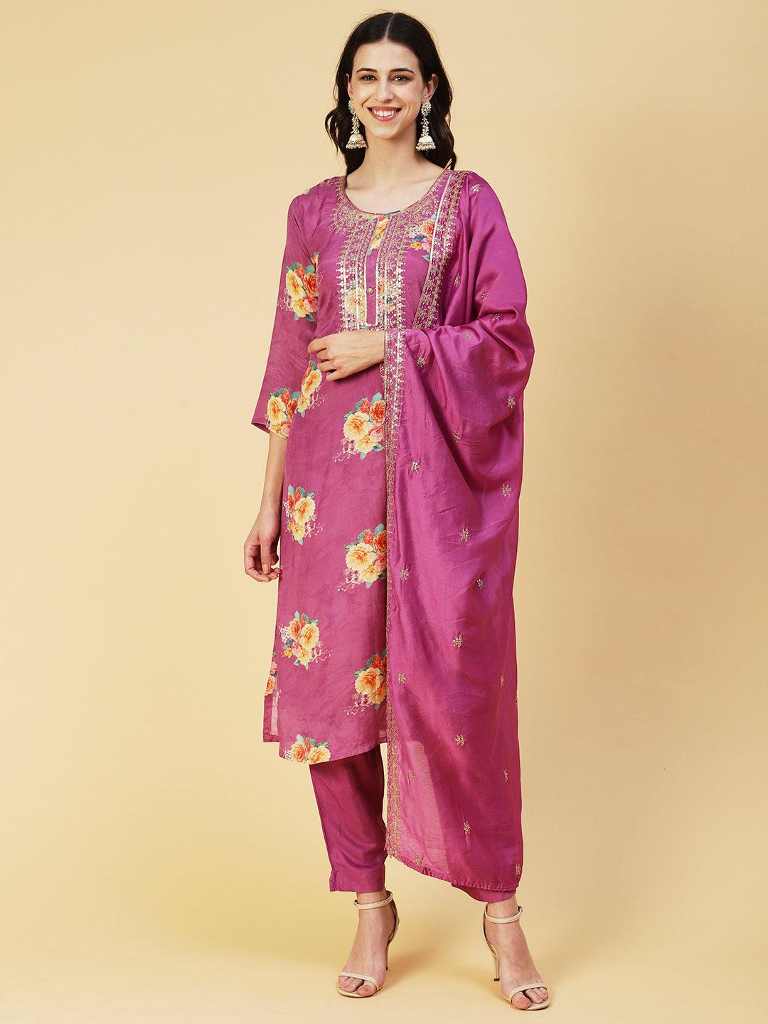 Floral Printed Zari Embroidered Kurta With Pants & Dupatta - Violet - Indiakreations