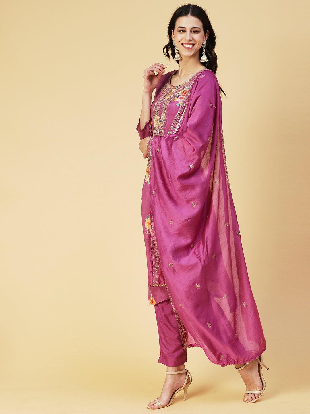 Floral Printed Zari Embroidered Kurta With Pants & Dupatta - Violet - Indiakreations