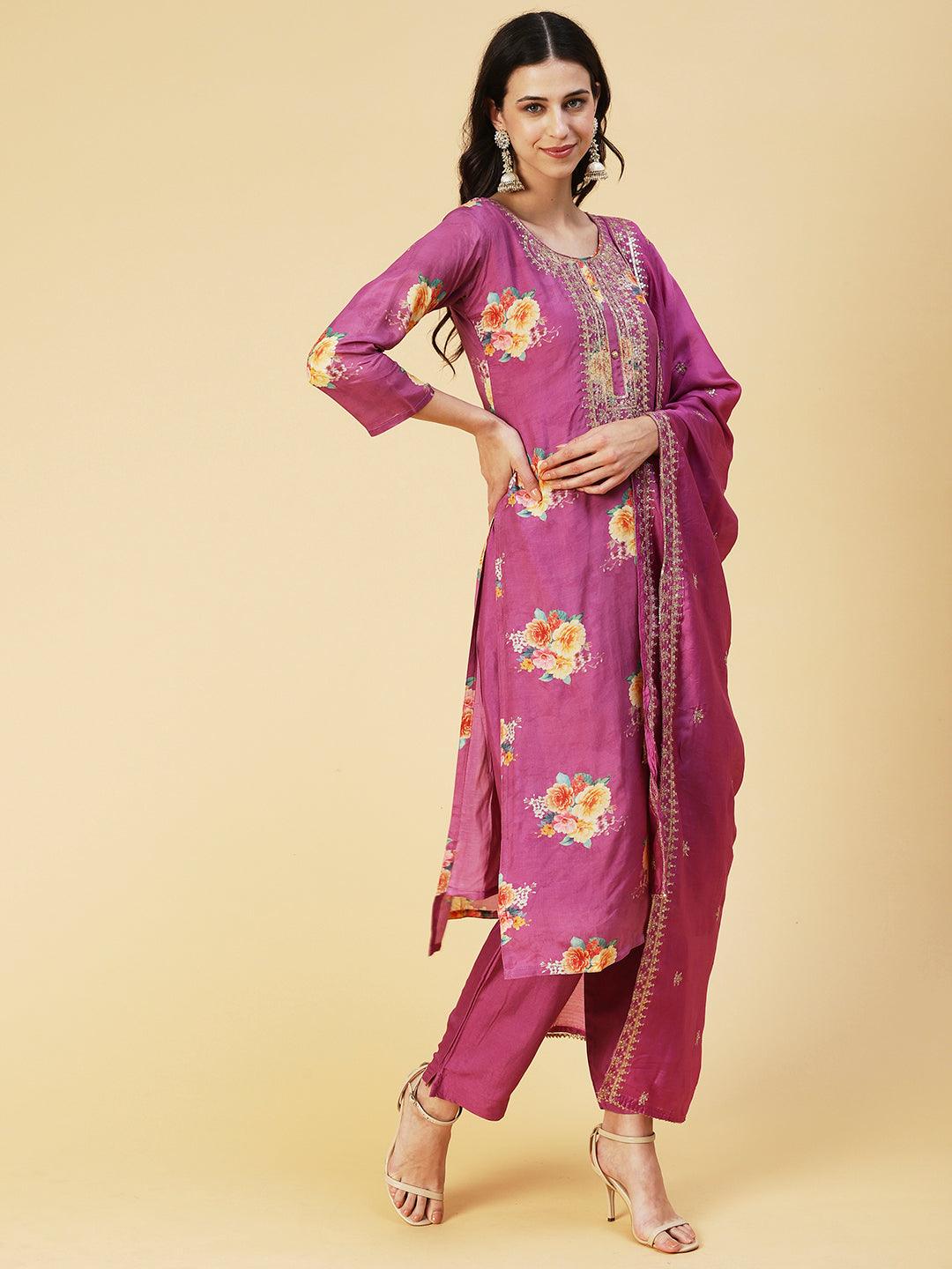 Floral Printed Zari Embroidered Kurta With Pants & Dupatta - Violet - Indiakreations