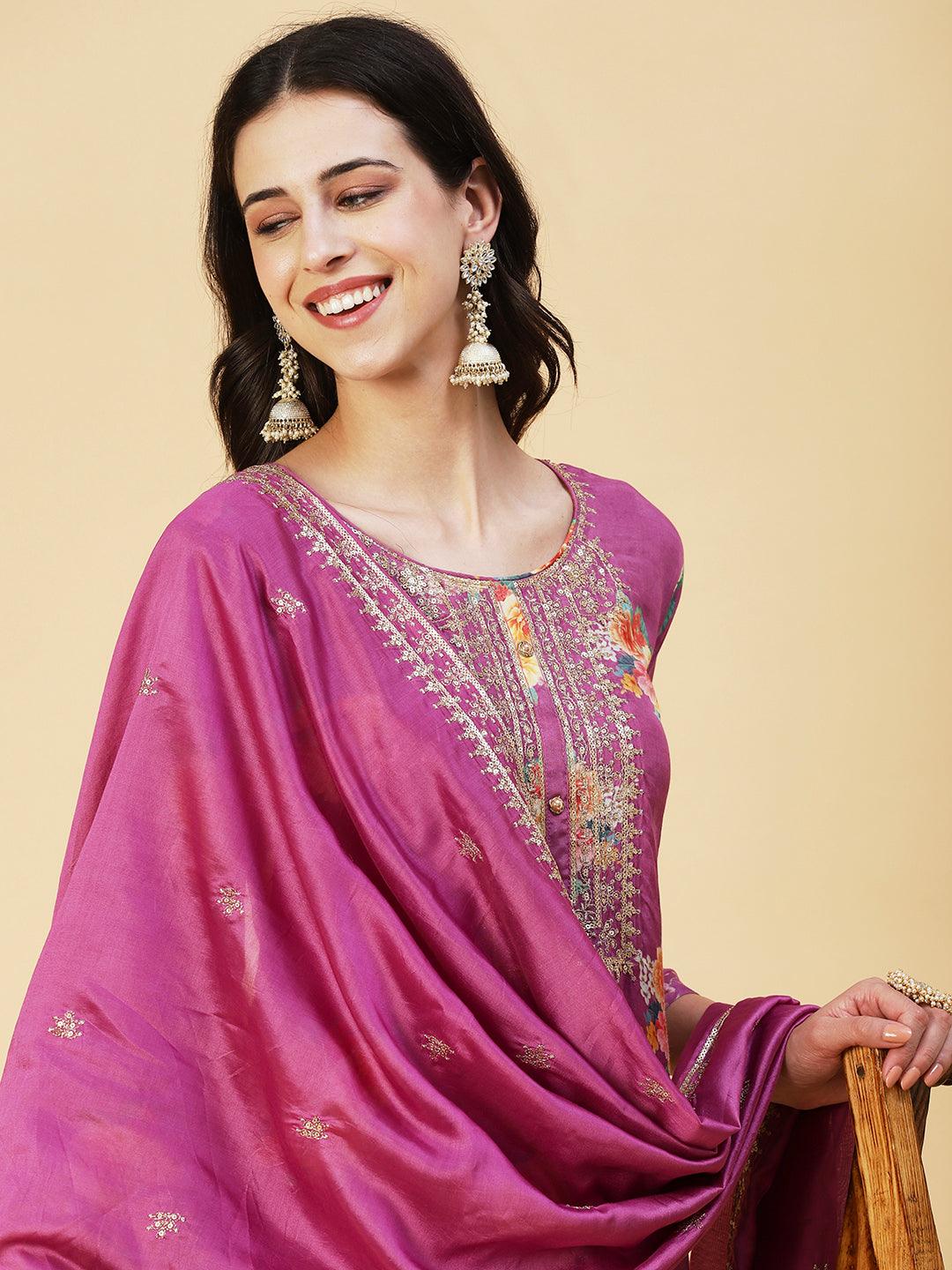 Floral Printed Zari Embroidered Kurta With Pants & Dupatta - Violet - Indiakreations