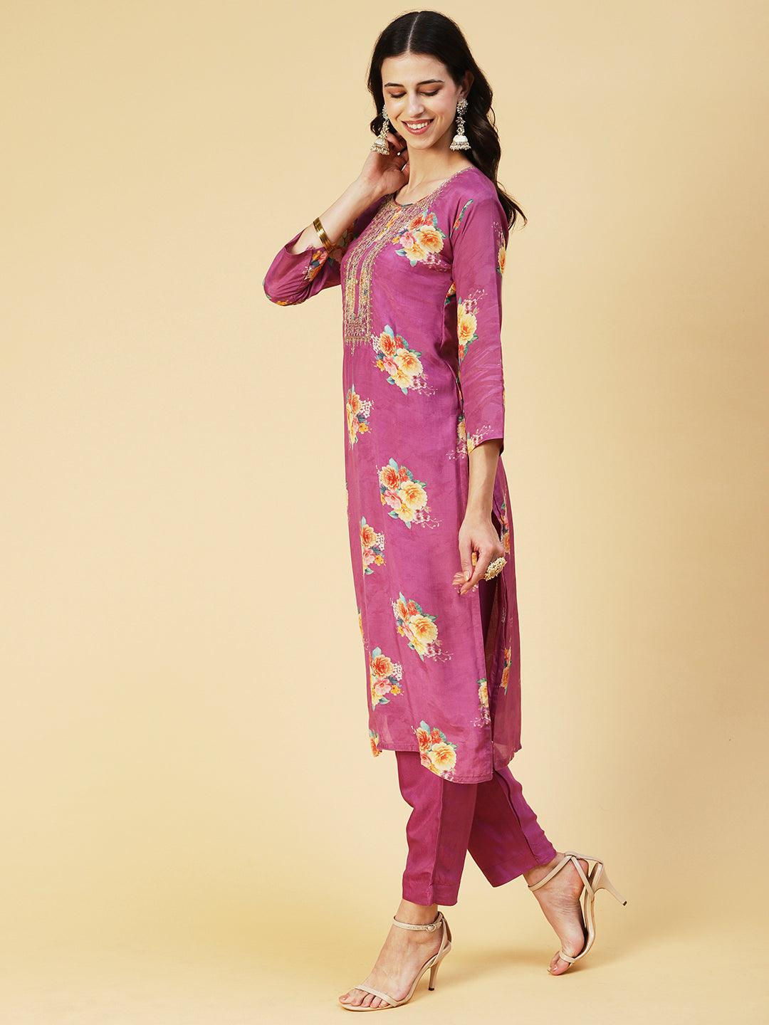 Floral Printed Zari Embroidered Kurta With Pants & Dupatta - Violet - Indiakreations