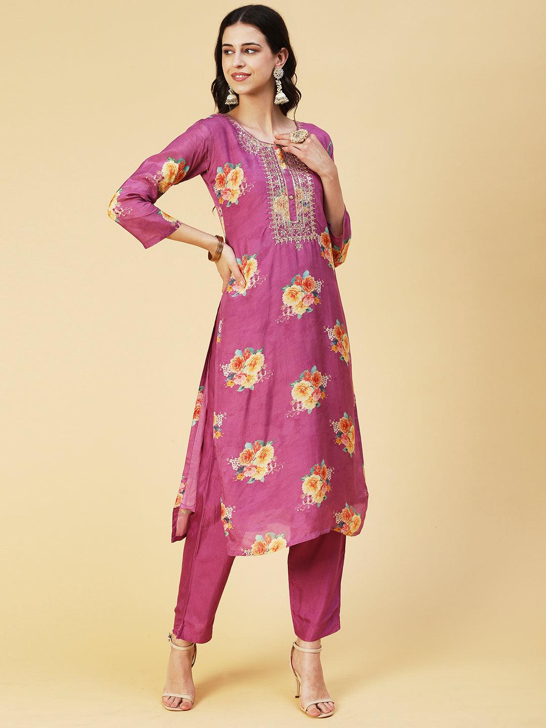 Floral Printed Zari Embroidered Kurta With Pants & Dupatta - Violet - Indiakreations