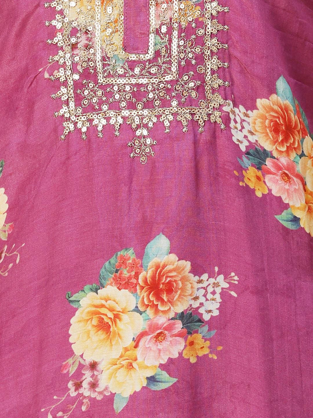 Floral Printed Zari Embroidered Kurta With Pants & Dupatta - Violet - Indiakreations