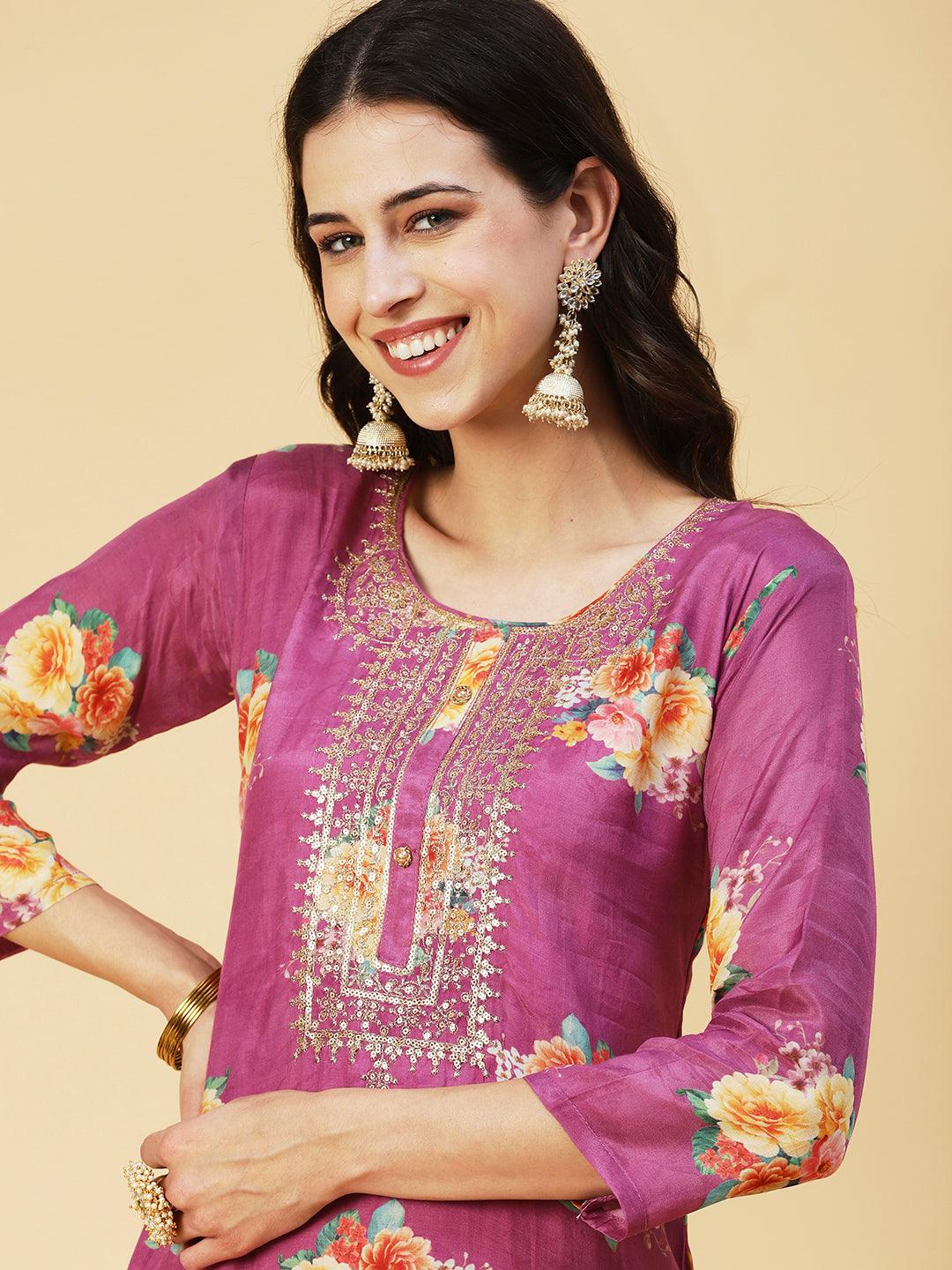 Floral Printed Zari Embroidered Kurta With Pants & Dupatta - Violet - Indiakreations