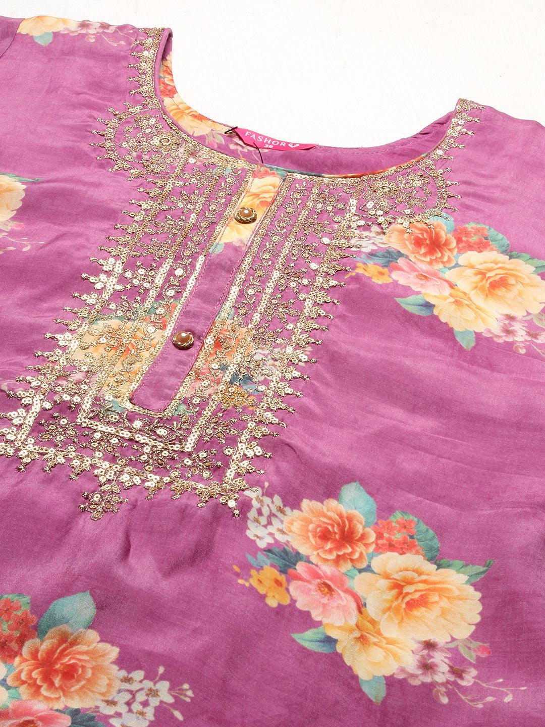 Floral Printed Zari Embroidered Kurta With Pants & Dupatta - Violet - Indiakreations