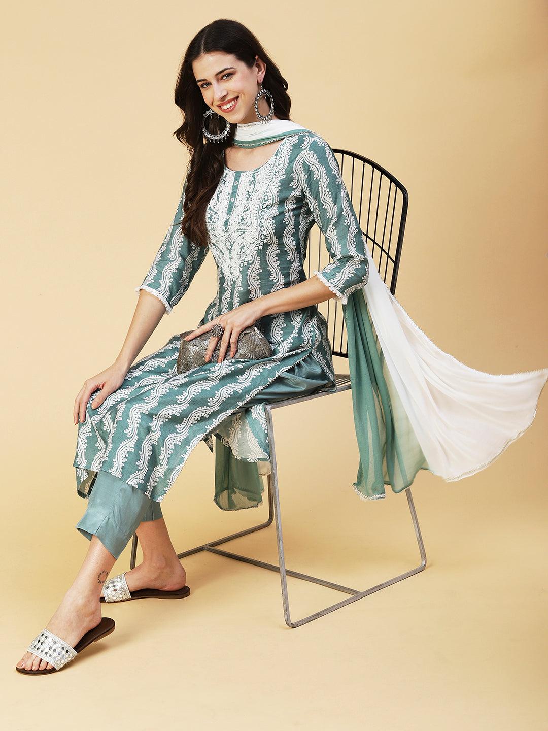 Ethnic Printed Mirror Embroidered Kurta With Pants & Dupatta - Pastel Sea Green - Indiakreations