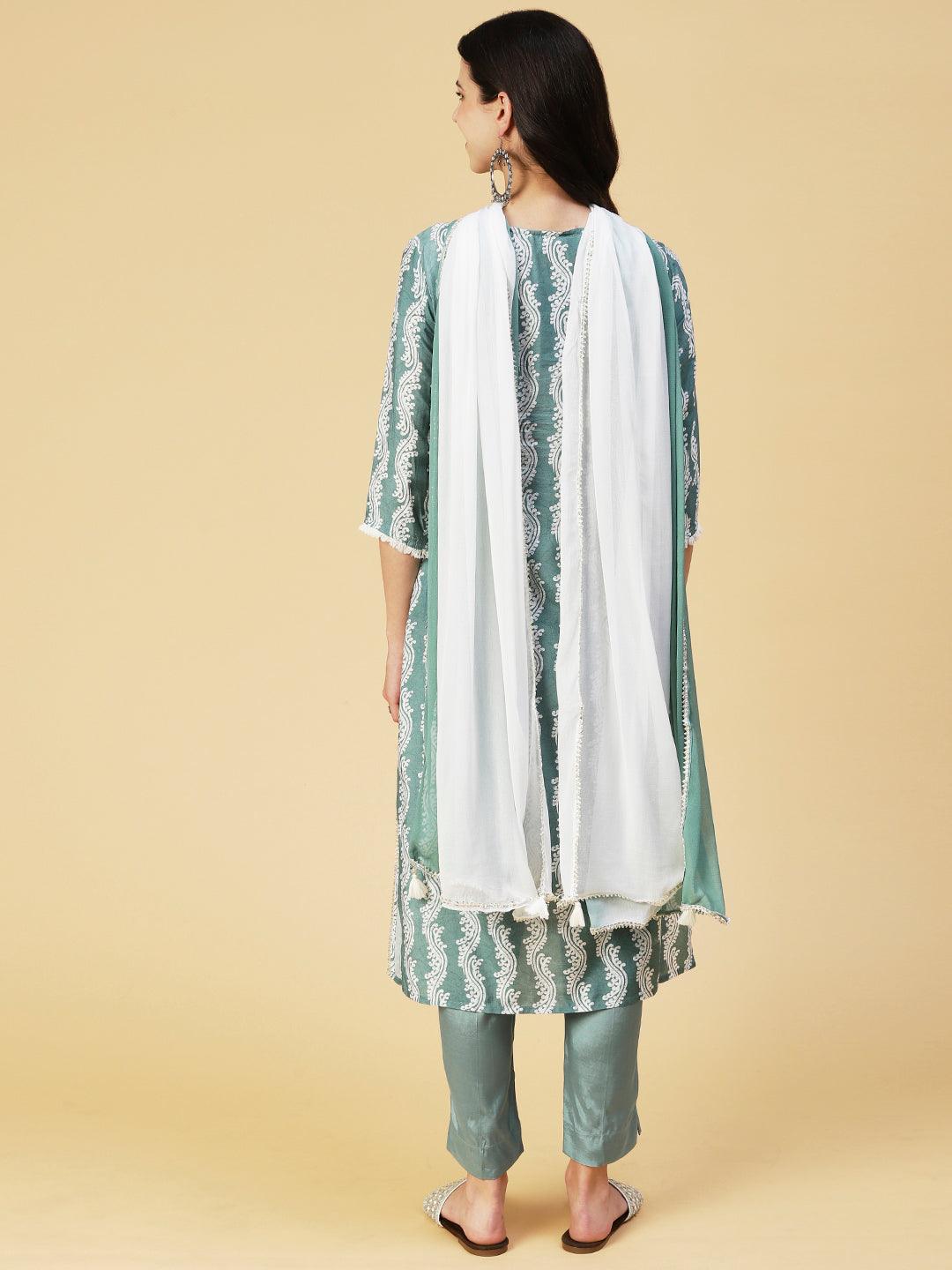 Ethnic Printed Mirror Embroidered Kurta With Pants & Dupatta - Pastel Sea Green - Indiakreations