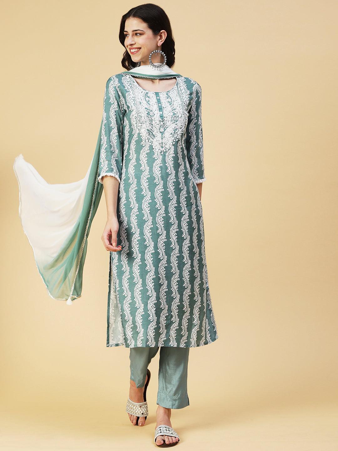 Ethnic Printed Mirror Embroidered Kurta With Pants & Dupatta - Pastel Sea Green - Indiakreations