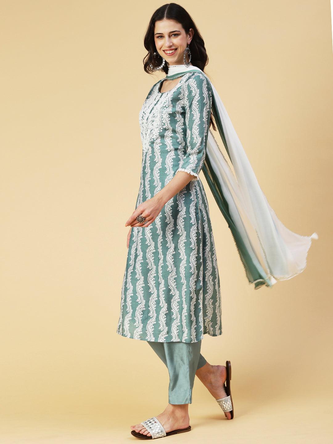 Ethnic Printed Mirror Embroidered Kurta With Pants & Dupatta - Pastel Sea Green - Indiakreations