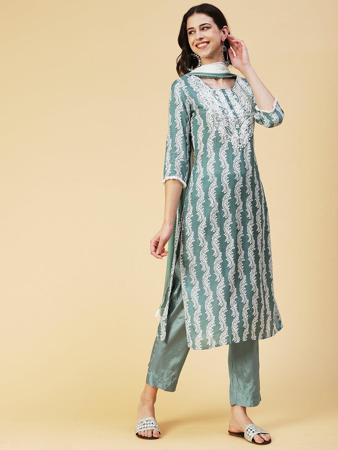 Ethnic Printed Mirror Embroidered Kurta With Pants & Dupatta - Pastel Sea Green - Indiakreations