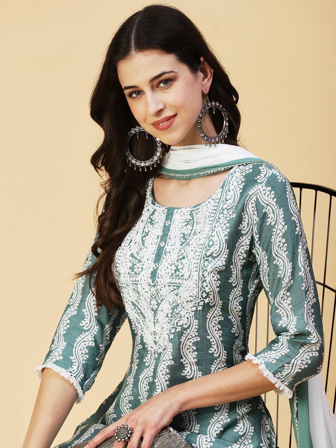 Ethnic Printed Mirror Embroidered Kurta With Pants & Dupatta - Pastel Sea Green - Indiakreations