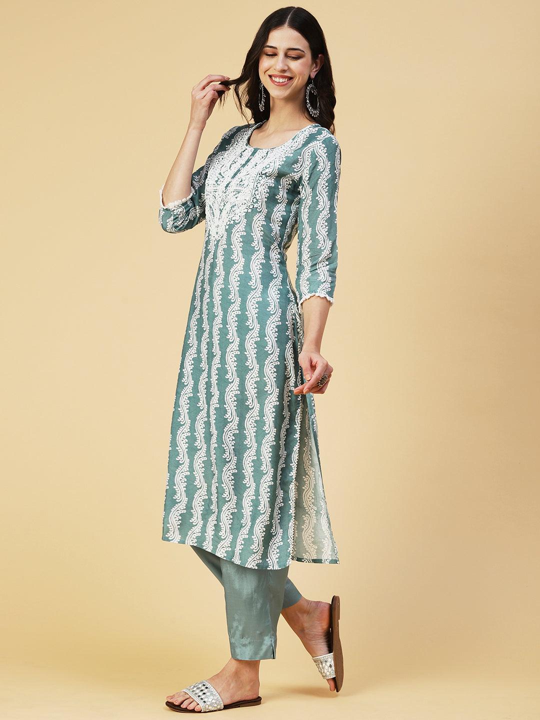 Ethnic Printed Mirror Embroidered Kurta With Pants & Dupatta - Pastel Sea Green - Indiakreations