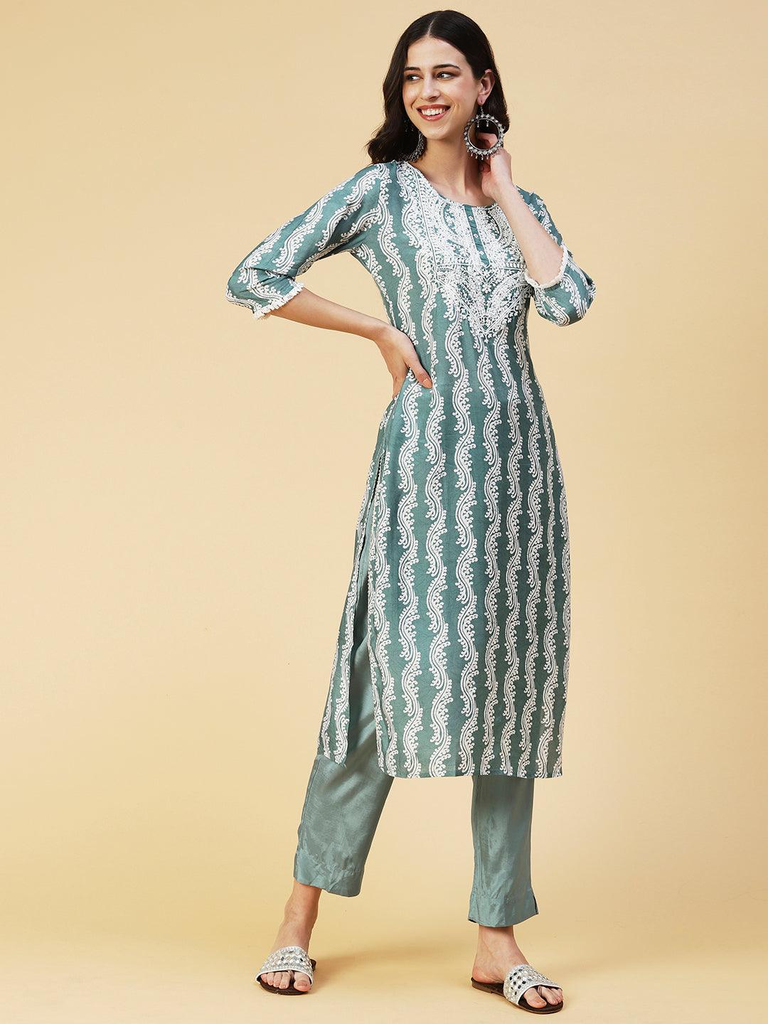 Ethnic Printed Mirror Embroidered Kurta With Pants & Dupatta - Pastel Sea Green - Indiakreations