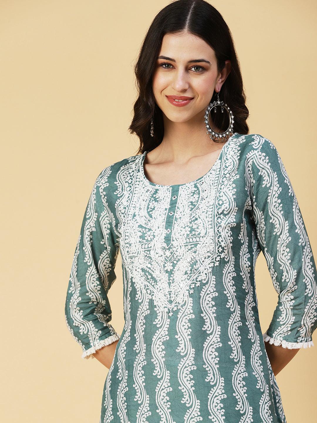 Ethnic Printed Mirror Embroidered Kurta With Pants & Dupatta - Pastel Sea Green - Indiakreations