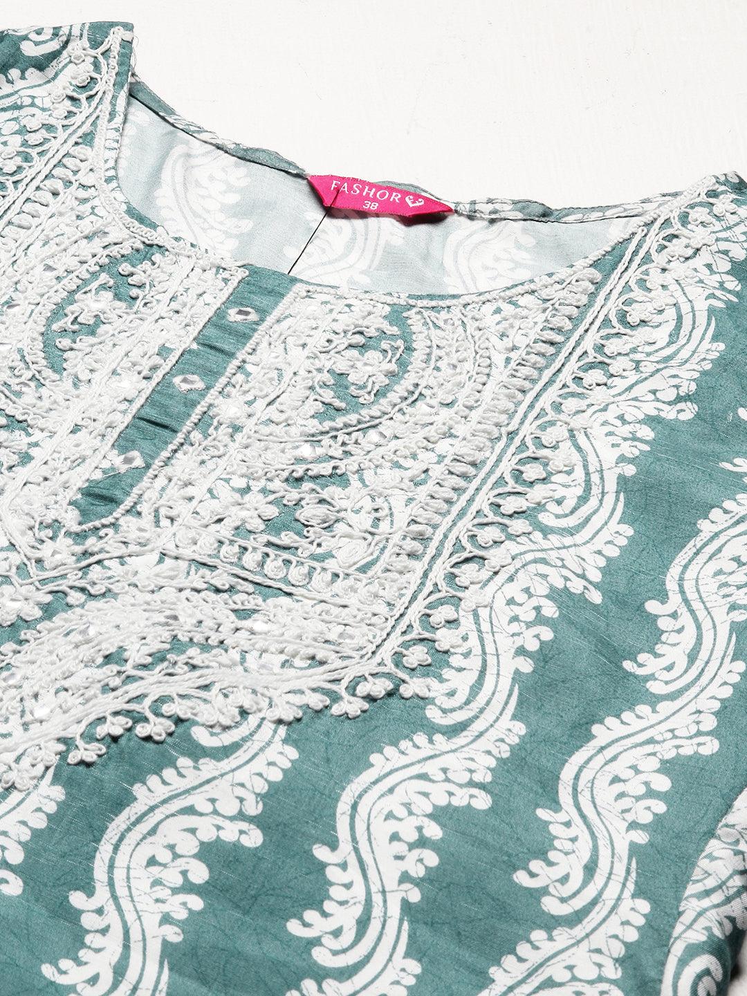 Ethnic Printed Mirror Embroidered Kurta With Pants & Dupatta - Pastel Sea Green - Indiakreations