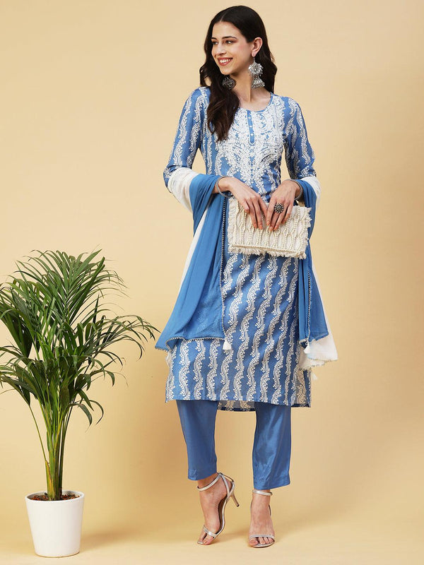 Ethnic Printed Mirror Embroidered Kurta With Pants & Dupatta - Light Blue - Indiakreations