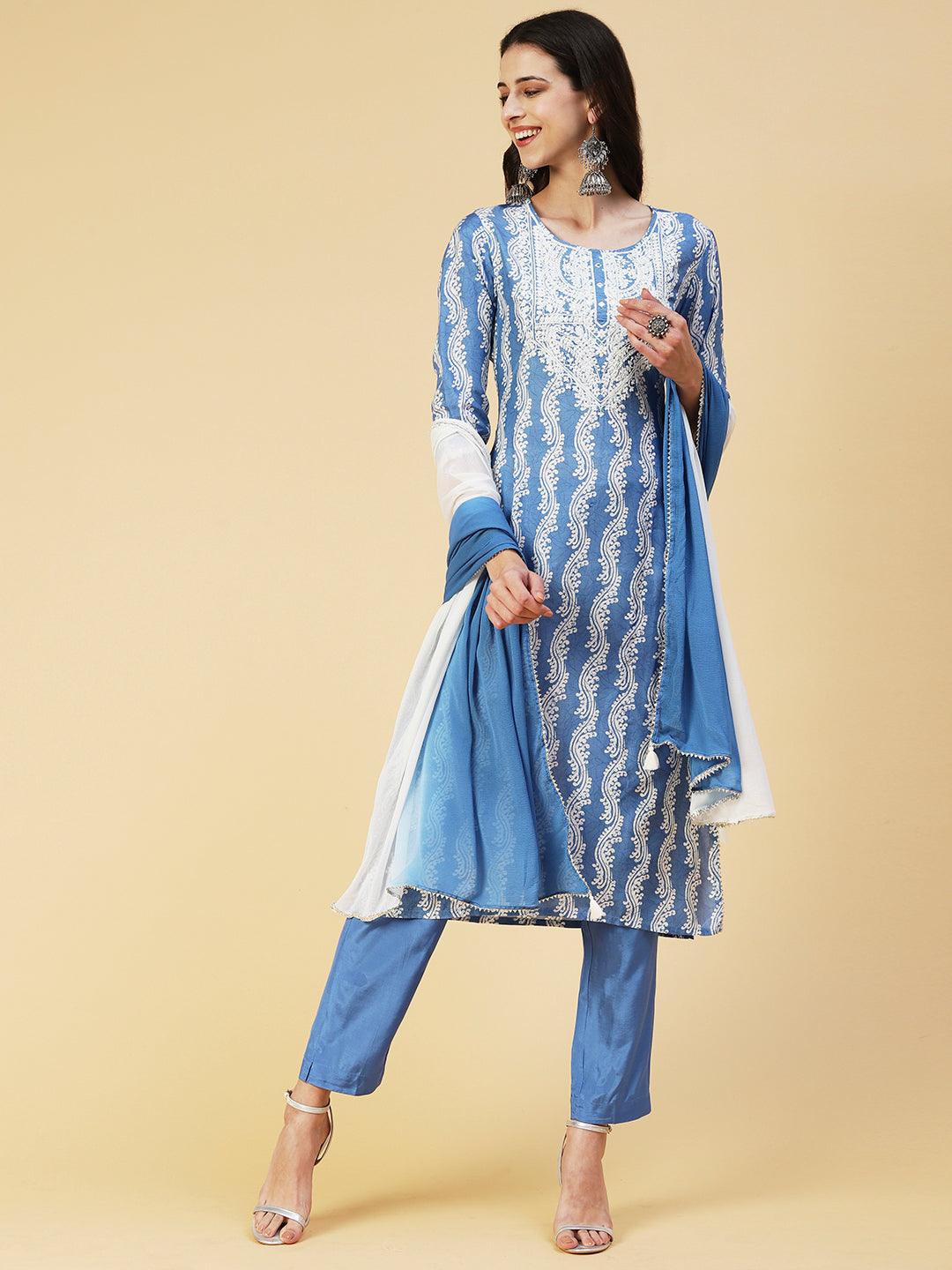 Ethnic Printed Mirror Embroidered Kurta With Pants & Dupatta - Light Blue - Indiakreations