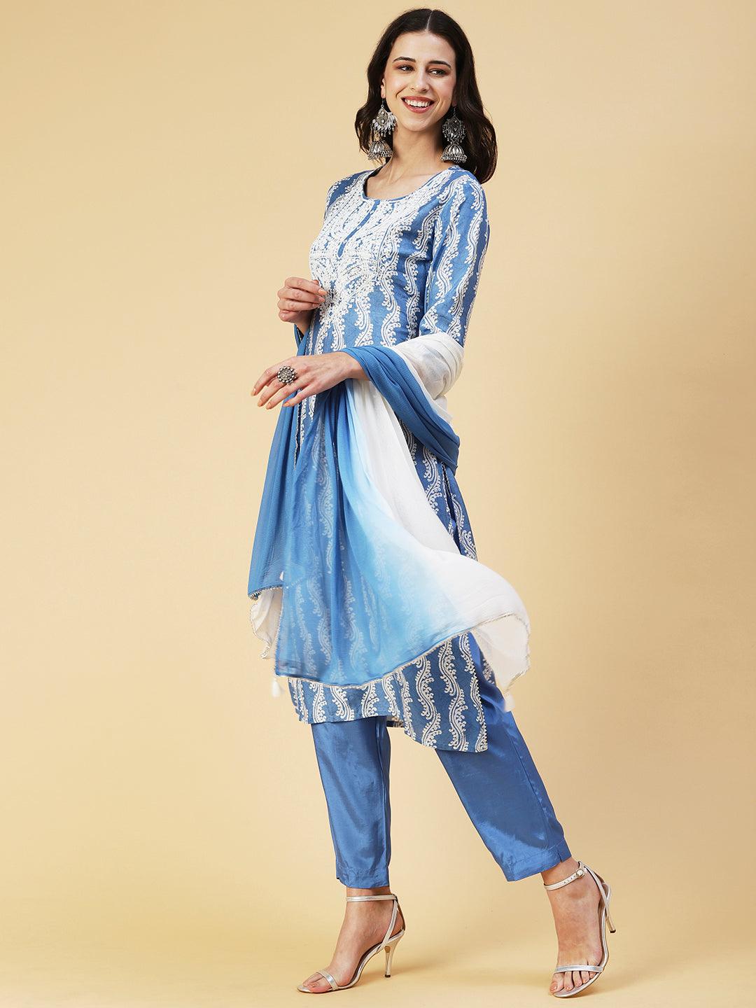 Ethnic Printed Mirror Embroidered Kurta With Pants & Dupatta - Light Blue - Indiakreations