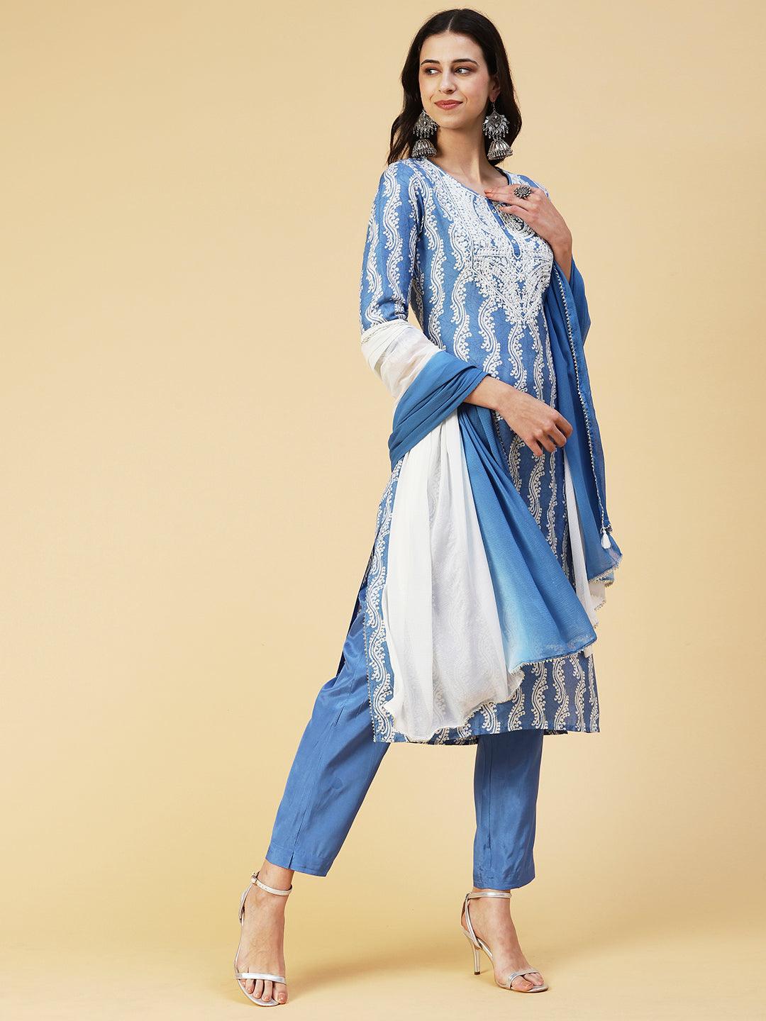 Ethnic Printed Mirror Embroidered Kurta With Pants & Dupatta - Light Blue - Indiakreations